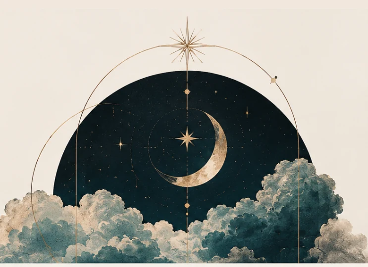 An illustration of a dark starlit disc with a gilded crescent moon, ringed by a fine gold orbit and a compass star, rising above banked teal clouds.